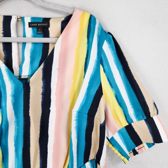 Lane Bryant Shirt Women 14 Pink Blue Colorful Striped Belted Satin Blouse Career - Picture 2 of 11